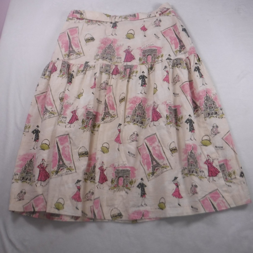 Vintage Paris Novelty Print Button Front Midi Skirt Pink White Eiffel Tower - Picture 2 of 11